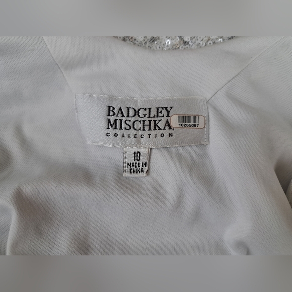 Badgley Mischka White Silver Gold Swank Sequin Sheath Open Back Dress Size 10 - Picture 8 of 15